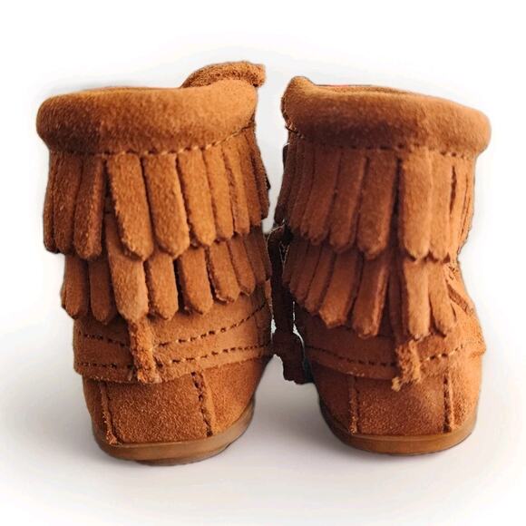 Minnetonka Youth Size 3 Brown Suede Fringe Zip Ankle Moccasin Boots - Picture 3 of 8